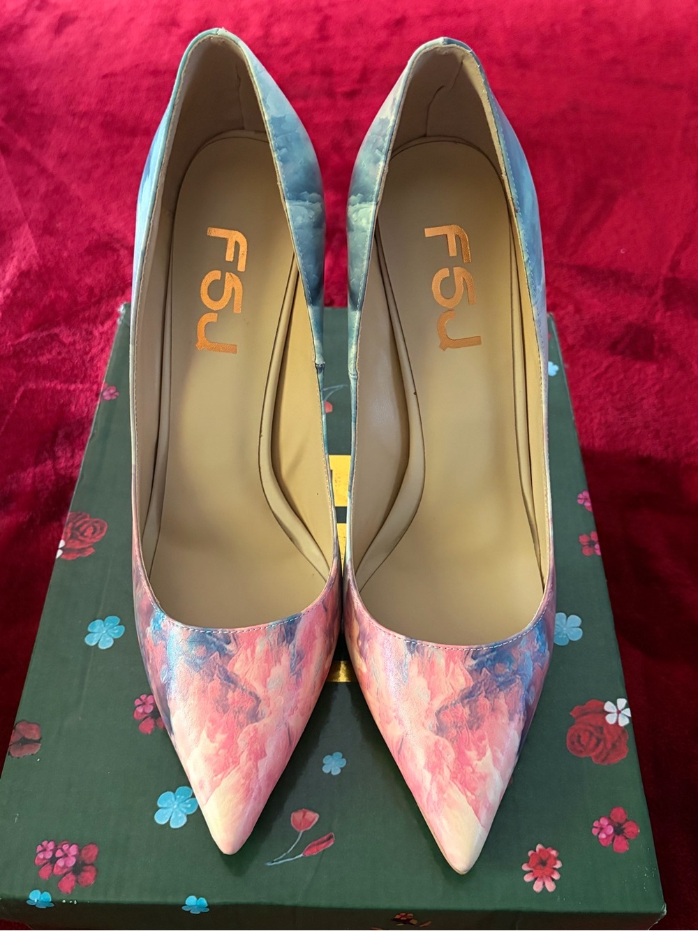 FSJ Pink and Blue Watercolor Pointed Toe Pumps